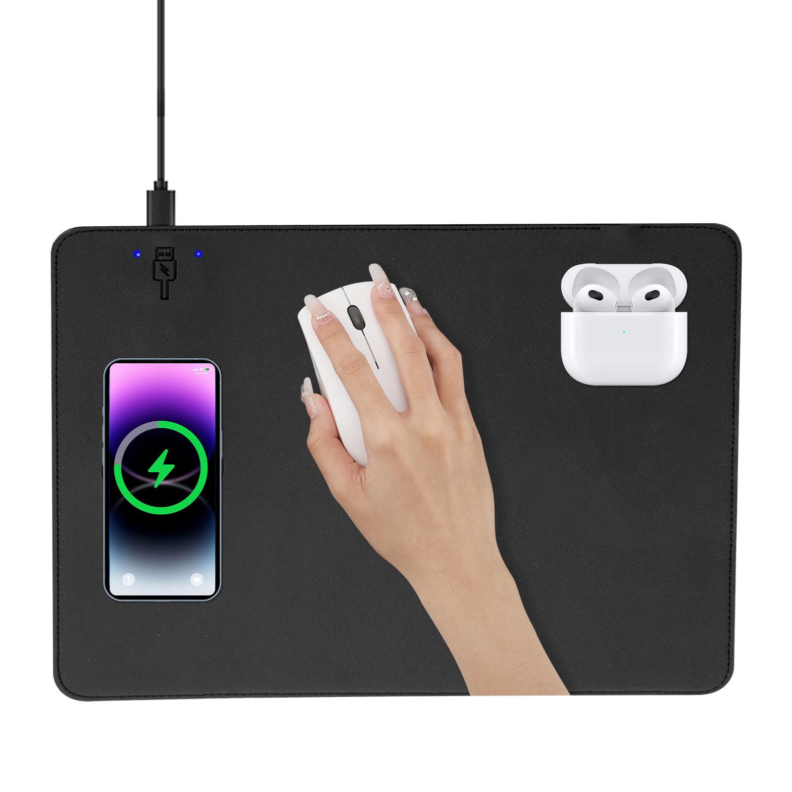 Tappetino per mouse con ricarica wireless, 2 in 1, multifunzione, in pelle, con base in gomma antiscivolo, impermeabile, per computer, ufficio, lavoro, casa, decorazione (30,5 x 25,4 cm