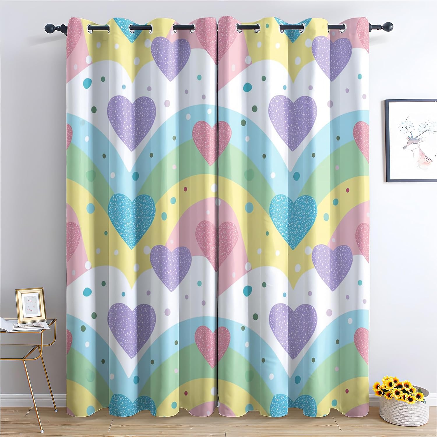 Heart Blackout Curtains 63 inch Length, Thermal Insulated Room Darkening Grommet Drapes for Living Room & Bedroom, Girls Rainbow Love Window Treatments & Home Decor, 2 Panels Set