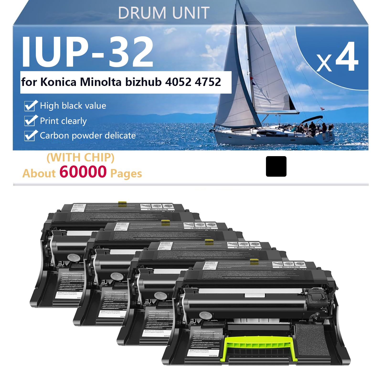 IUP-32 Unità Tamburo ad altissima Resa per Konica Minolta bizhub 4052 4752 Stampanti, Stampa ad alto Volume, Stampe Nitide, 60000 Pagine,Black-4 pack