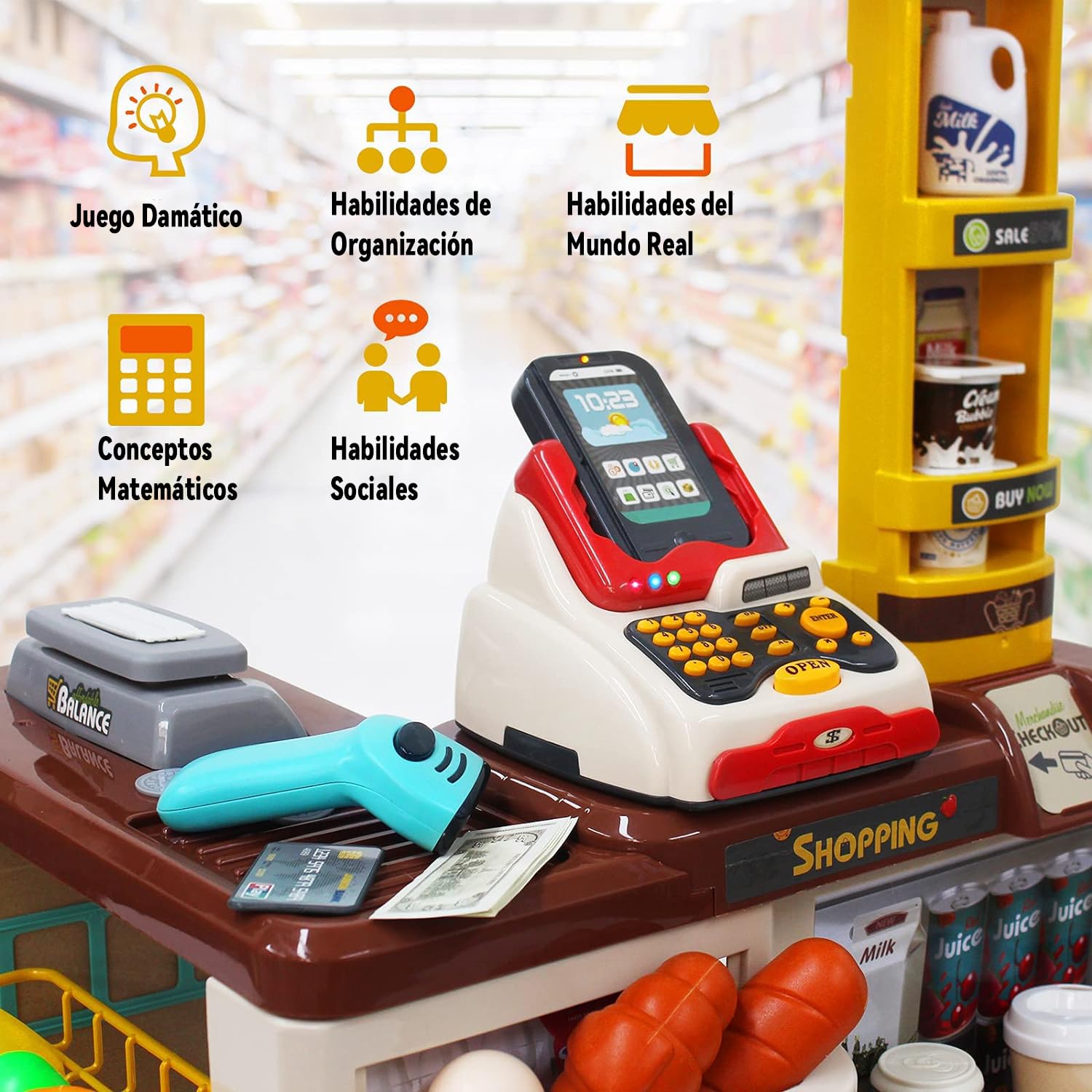 Teorema Carro De Compra Y Caja Registradora Para Niños – Con Luces Y Sonidos – Incluye Alimentos De Juguete Y Monedas – Juego Educativo
