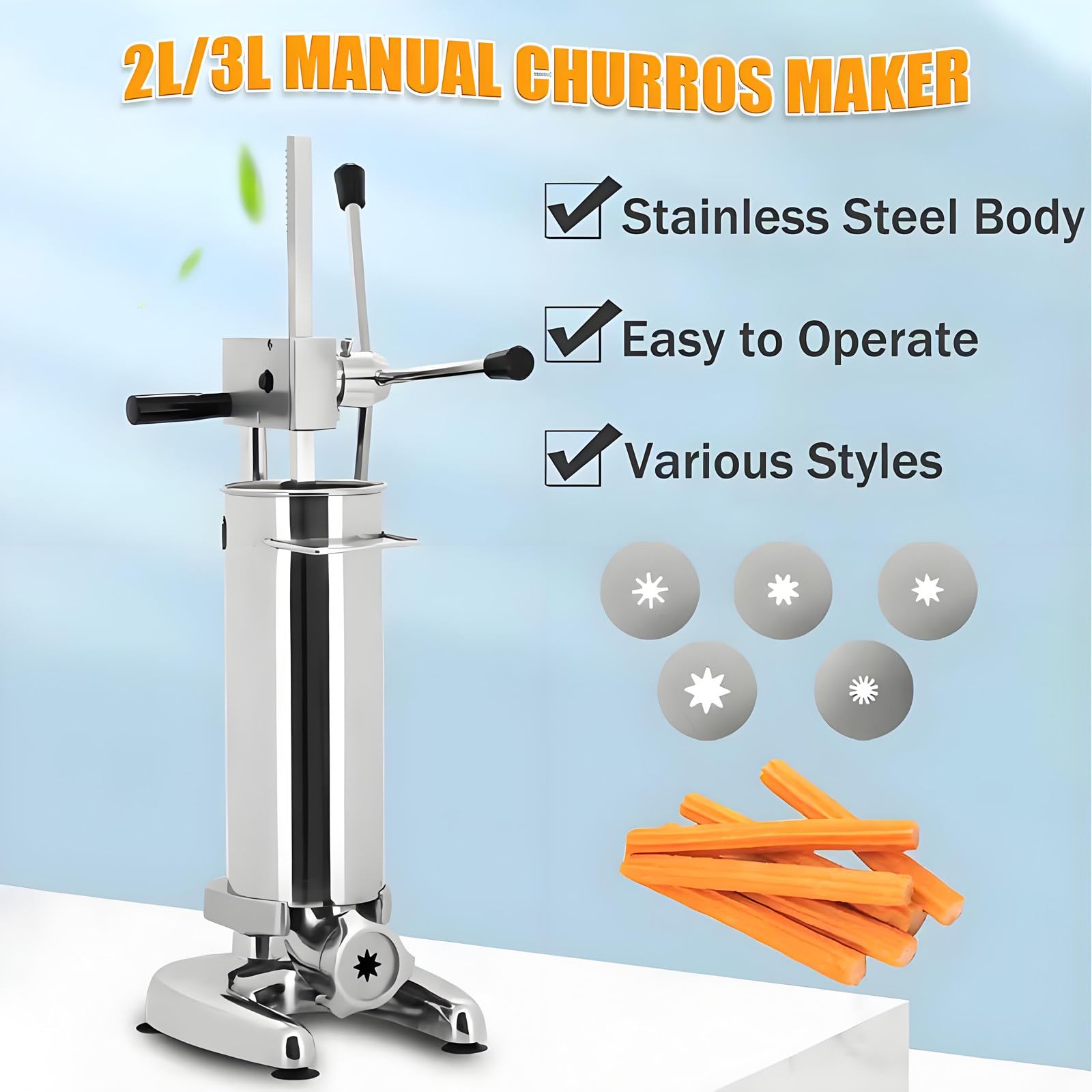 Churrera Manual Multifuncional - Churrera Española Comercial De Acero Inoxidable De 2l/3l con 5 Moldes,Ideal para Meriendas,Donas Y Churros, Restaurantes,Panaderías Y Cafeterías 3L