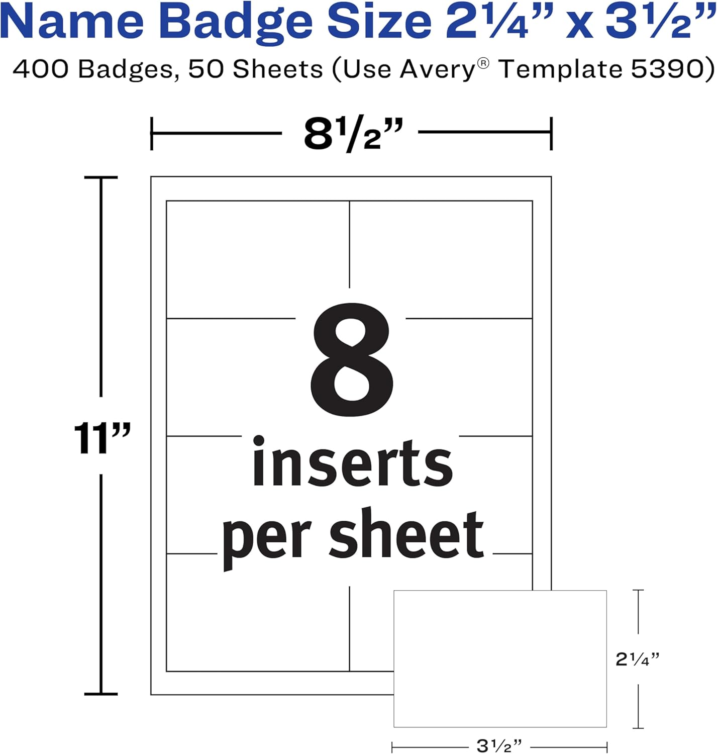 Avery Customizable Name Badge Inserts, 2.25" x 3.5", White, 400 Printable Name Tag Inserts (5390), Pack of 5