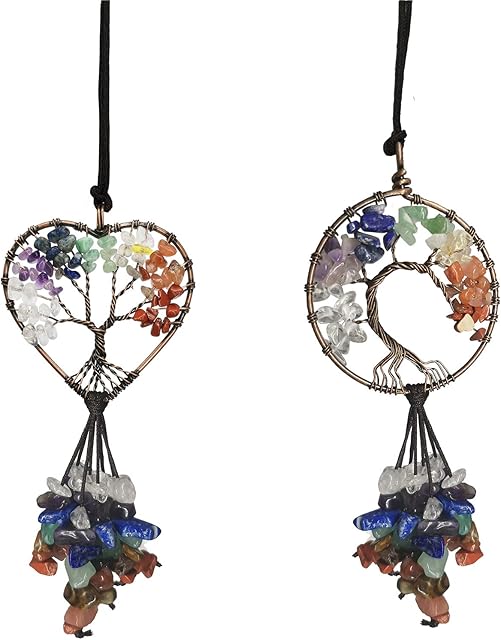 Healing Crystal Decor Tree of Life Car Hanging Accessories 7 Chakras Stones Wall Decor Meditation Ornaments Good Luck Home Decoration Party Decor (round+heart)