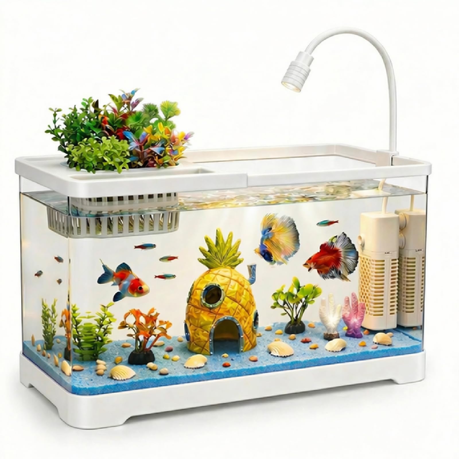 Kit de iniciación de acuario de pecera de 4 galones con filtro y luz, todo en uno, pequeño tanque de peces para Betta, niños y escritorio, nano acuario autolimpiante con tapa (blanco