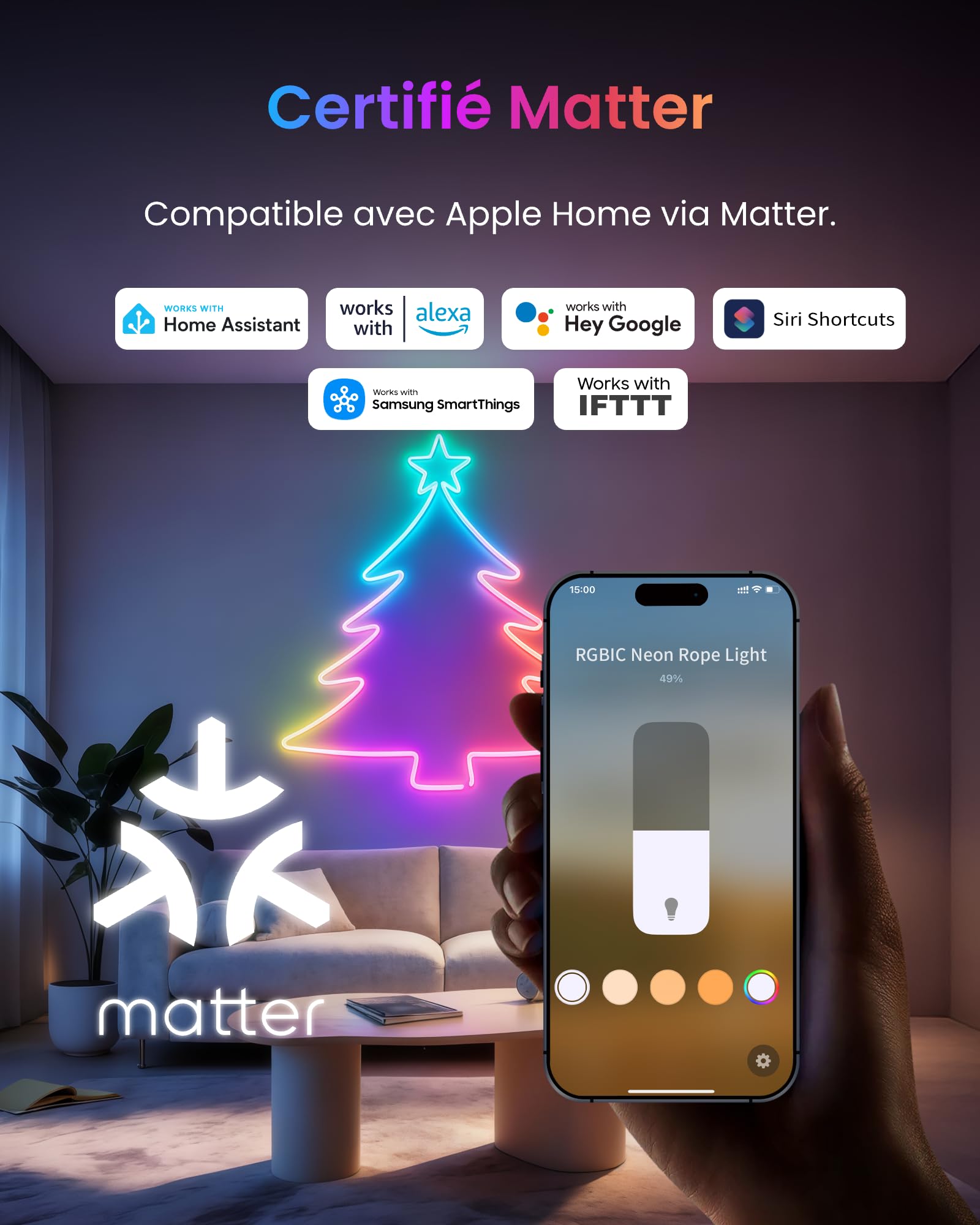 SwitchBot RGBIC Ruban LED Néon, 5M Matter Bande LED Neon Compatible avec Apple Home, Alexa, Google Home, 16 Millions de Couleurs, Sync Musique & Modes Scène, Éclairage Flexible pour Déco Maison