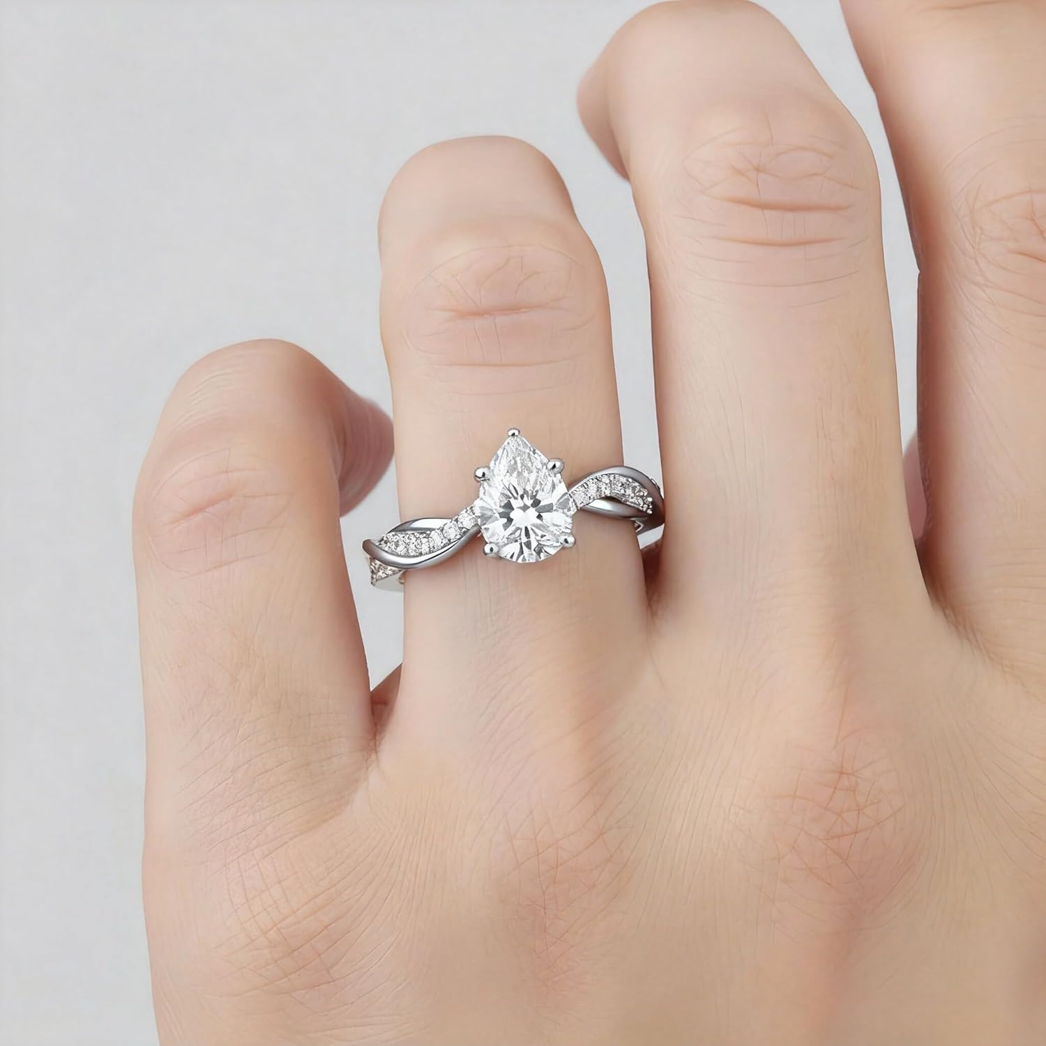 925 Silver Gold Pear Shape Diamond Ring for Women, Twisted Design Diamond Band, Elegant Engagement, Wedding & Anniversary Jewelry