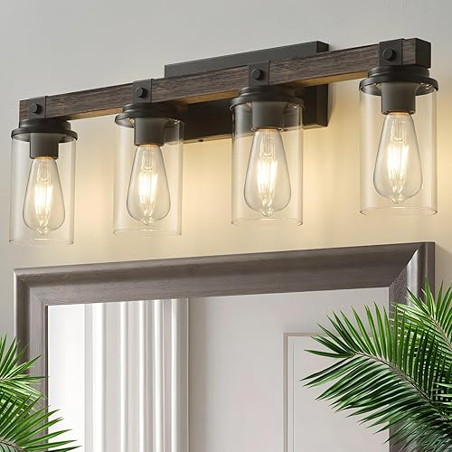 Lámpara de tocador de baño de granja, 4 apliques de luz, iluminación de pared rústica de madera, lámparas de baño sobre el espejo, lámpara de
