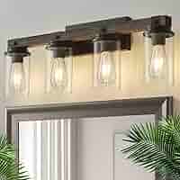 3-Light Farmhouse Vanity Light Fixture - Black Rustic With Faux Wood Grain & Clear Glass Shades, E26 Dimmable