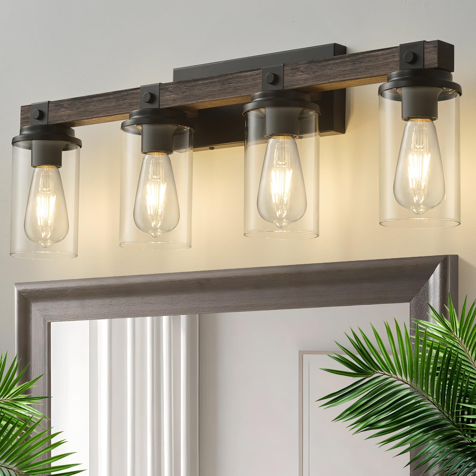 Farmhouse Bathroom Vanity Light 4 Light Sconces Wall Lighting Wood Rustic Bathroom Light Fixtures Over Mirror Vintage Industrial Wooden Black Vanity