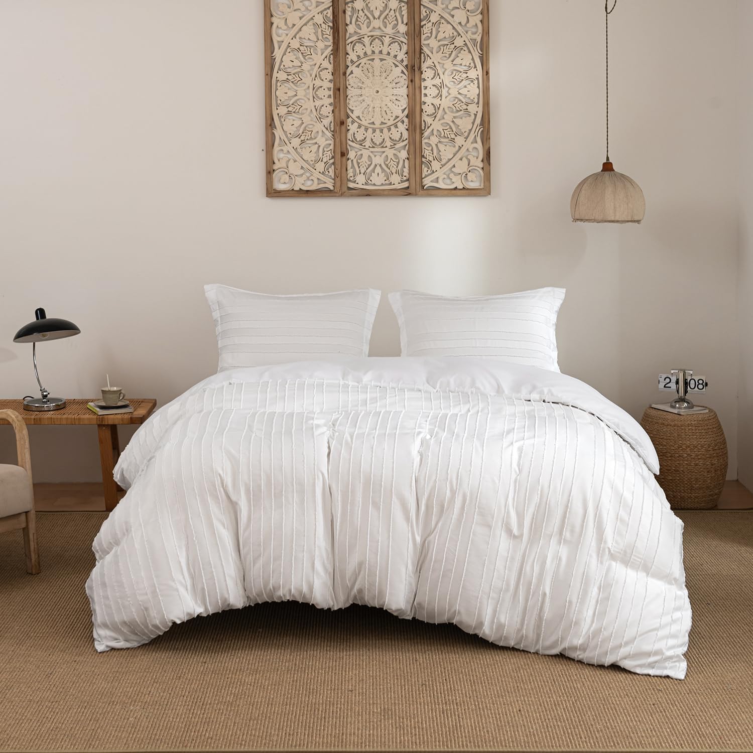 xuan dian White Boho Duvet Cover Set Queen Size, Striped