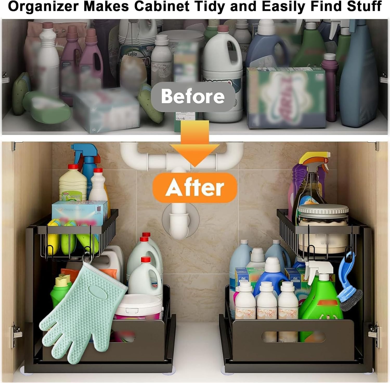 Under Sink Organizer - 2 Tier Slide Out Storage Shelf, Kitchen Cabinet Organizer, Space-Saving Pull-Out Rack, Black