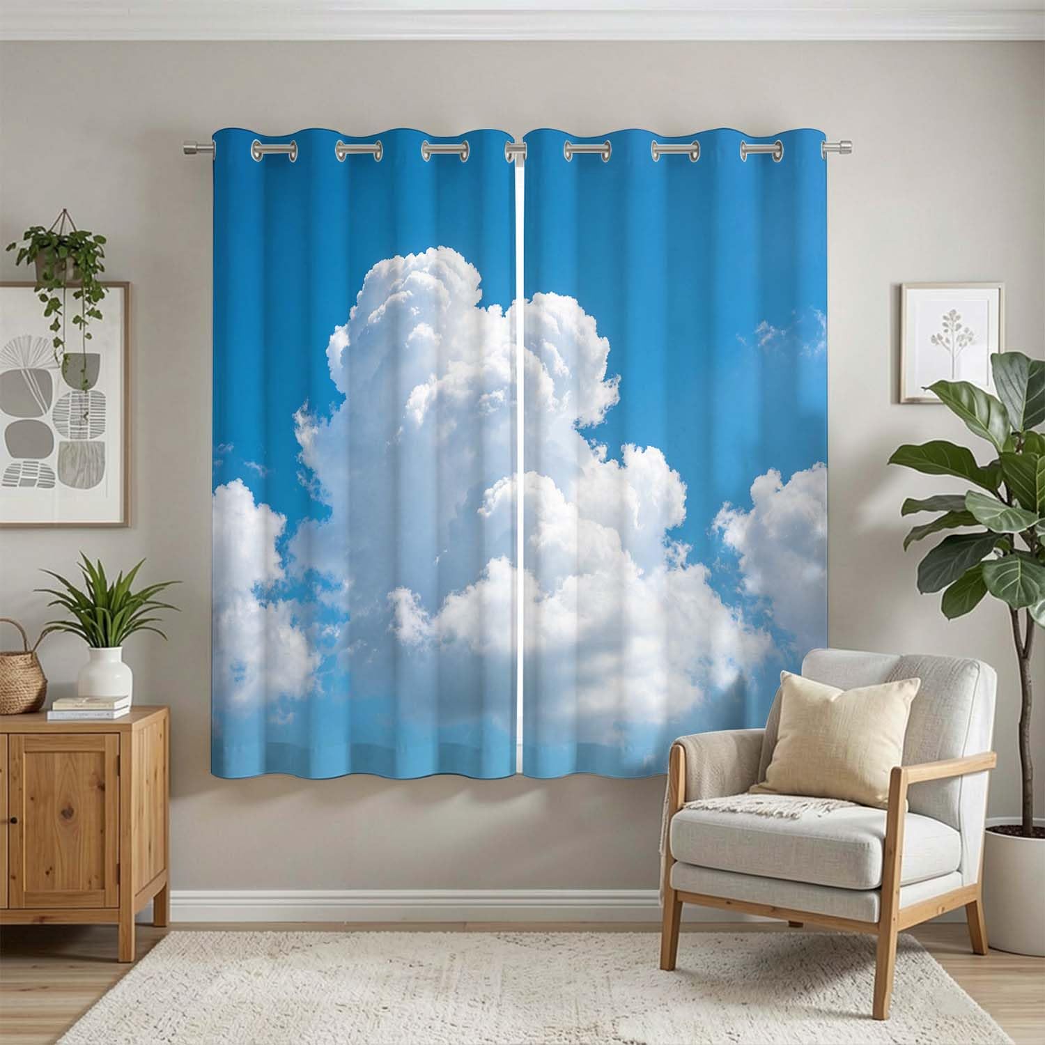 Rideaux Occultants 140x240 cm Lot de 2 à Œillets Ciel Bleu et Nuages