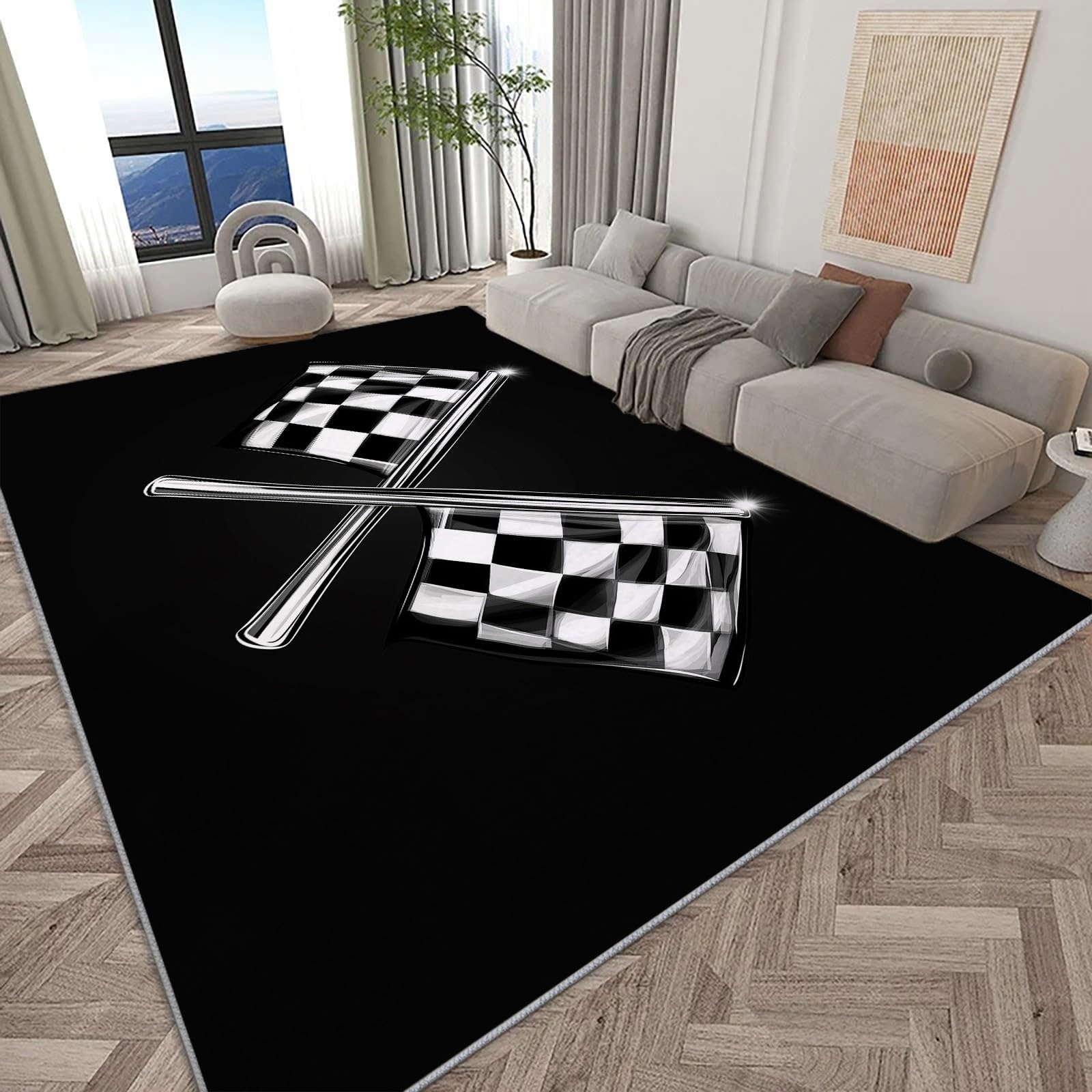 Tapis de salon damier course 60x90 cm doux et antidérapant