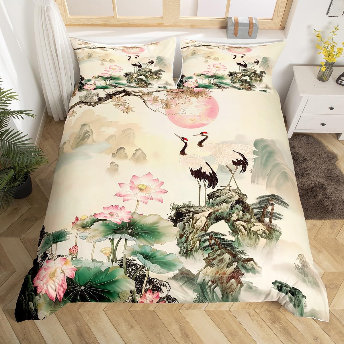 Crane Duvet Cover Set King Size,Lotus Green Plant Leaves Bedding Set Kids Boys Girls Room Decor,Chinese Painting Style Bedspreads Cover 3Pcs,Floral Bird Animal Vintage Comforter Cover,2 Pillowcases