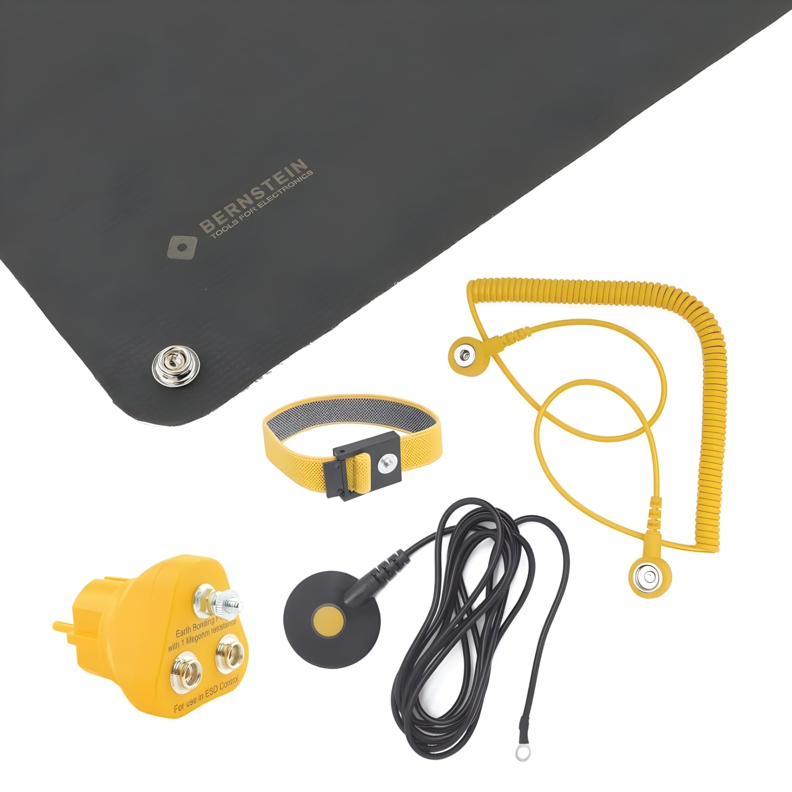 BERNSTEIN ESD Personal Grounding Set 5 pezzi | Set di manipolazione ESD | Tappetino (500x400x0,5), cinturino da polso, 2 cavi, spina di messa a terra | Per lavorare in aree protette