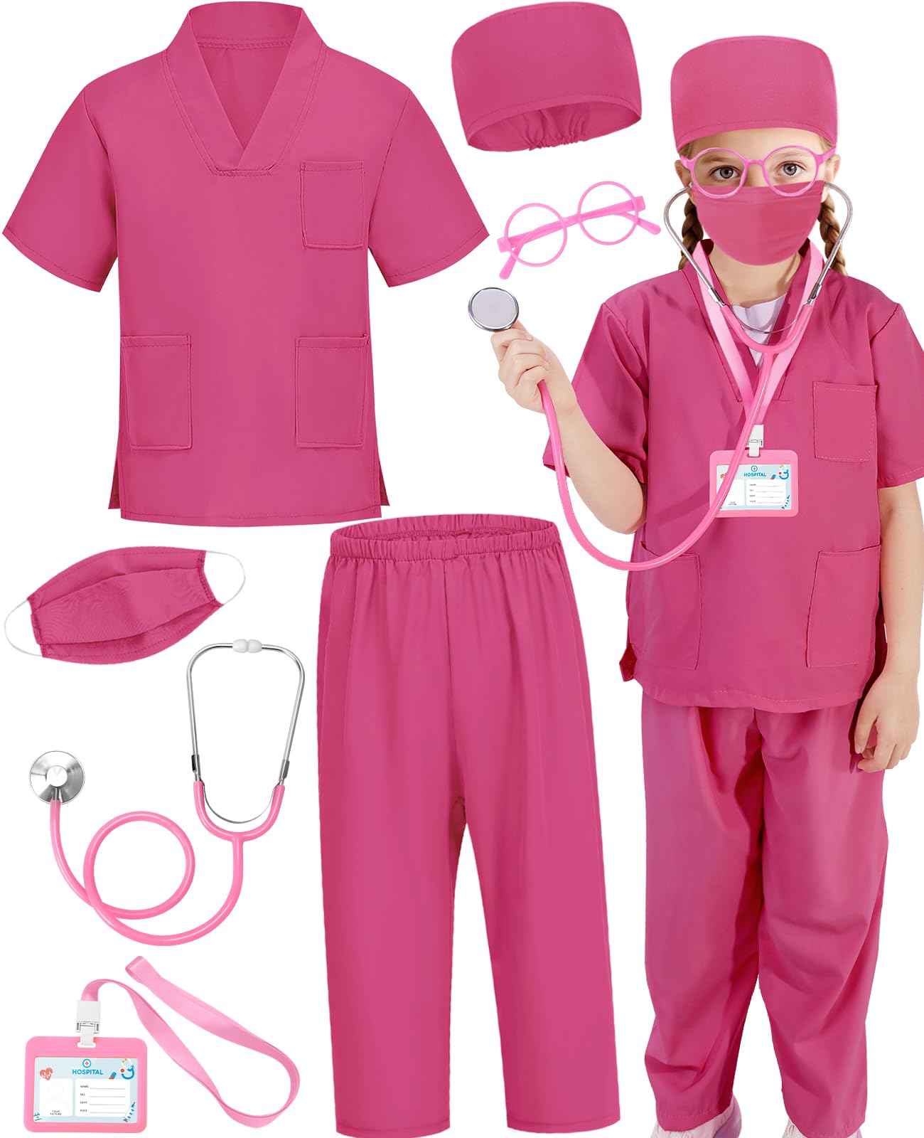 Wuclad Doctor Costume for Kids Scrubs,Nurse Costume for Kids Career Day | 7 PCS Nurse Costume for Kids with Doctor Costume Accessories,Career Day Costume for Girls Boys,Community Helpers Dress Up