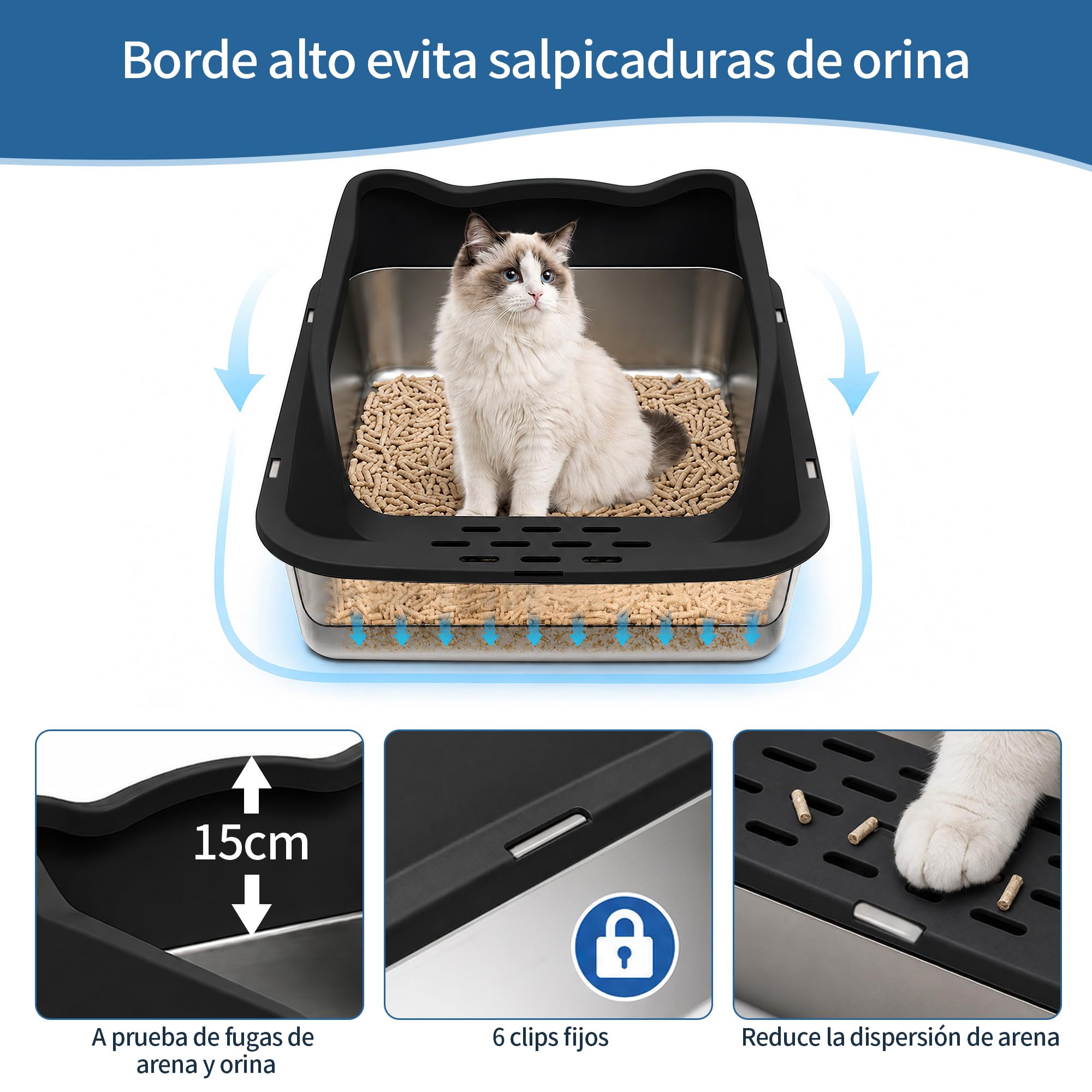 Arenero Gato Acero Inoxidable, XXL Caja Bandeja de Arena para Gatos, Metal Extraíble Litter Box, Caja de Arena de Lados Altos (40 * 30 * 10cm)