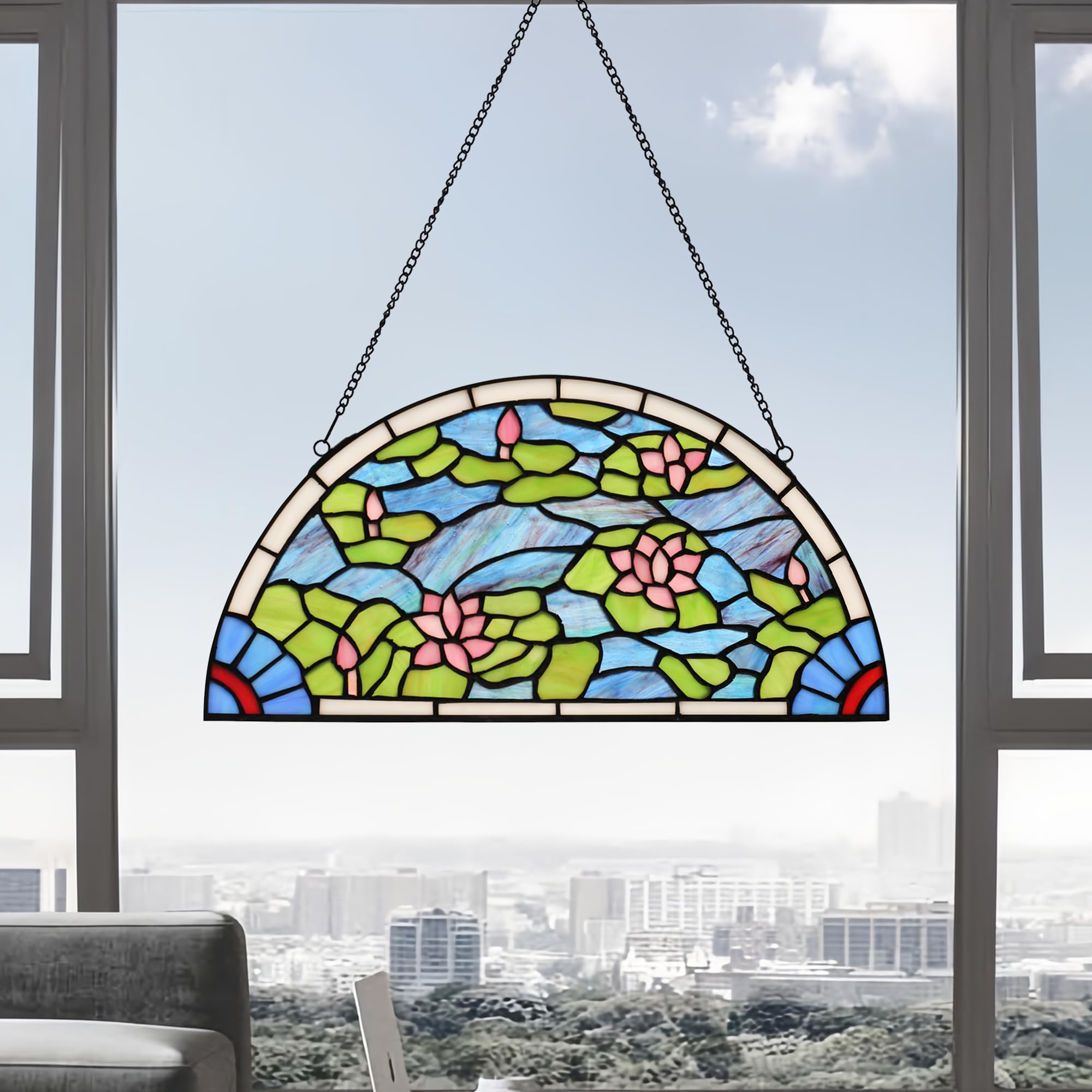 YOURANJU Halbmond-Buntglas-Fensterdekoration, Tiffany-Stil, 40,6 x 20,3 cm, halbrund, Einweihungsgeschenk, Wohnzimmer, Schlafzimmer, Küche, Fenster, dekorative Behänge mit Kette (Lotus)