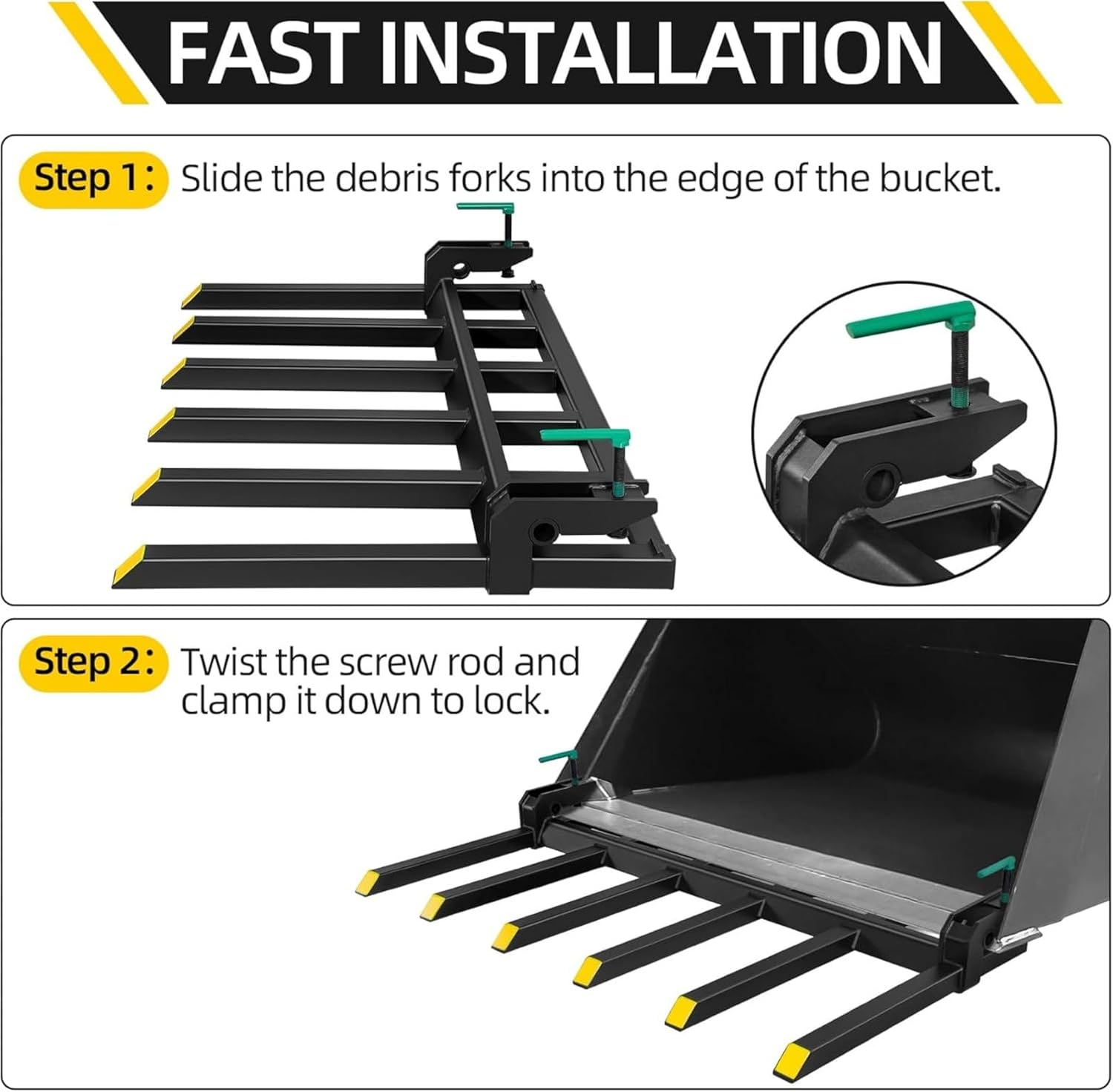 Clamp-On Forks To 48-60" Buckets, Heavy-Duty Fork Tines Clamp-On Pallet Forks, Fits For Tractor Loader Skid Steer, Double Nut Construction,60" 4000 LBS