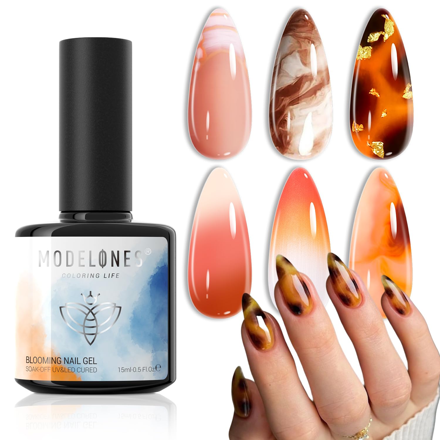 modelones Blooming Gel Nail Polish, 15ml Clear Marble Nail Design Kit, Nail Art Accessories for Spreading Effects, Floral Print, Watercolor Design