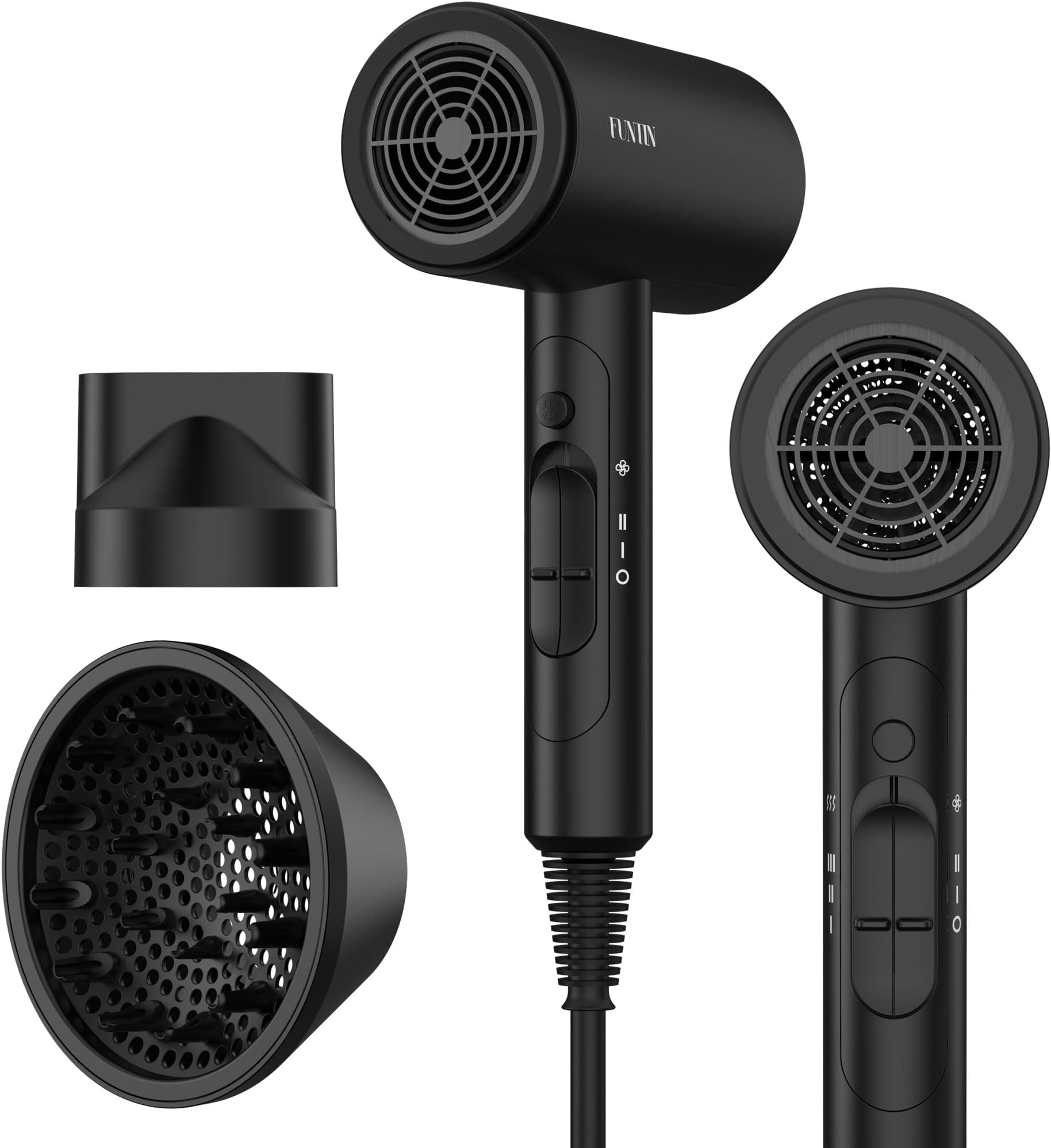 FUNTIN Hair Dryer, Blow Dryer with Diffuser Brush Comb for Women 4C Thick Curly Hair 1800w-Professional Black