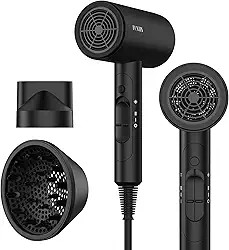 FUNTIN Secador De Cabelo, Secador De Cabelo Com Difusor, Escova E Pente Para Mulheres, 4C, Cabelos Grossos E Cacheados, 1800W - Preto Profissional