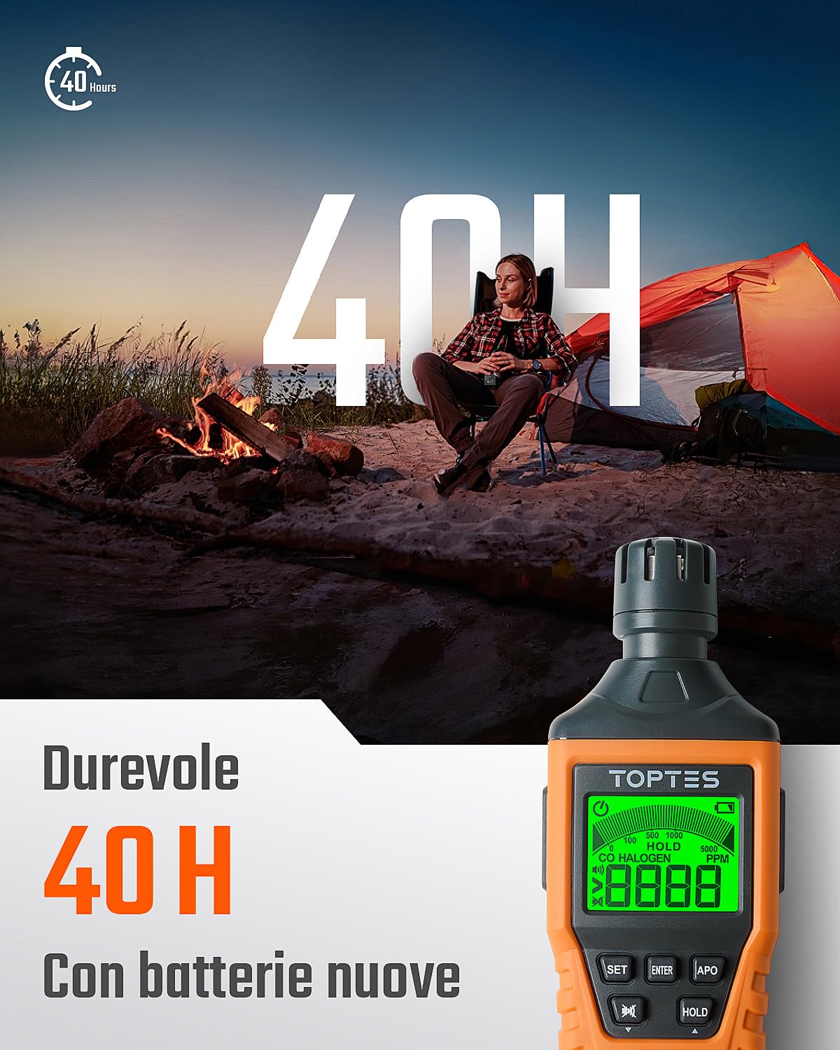 Toptes CT-300 Rilevatore Monossido di Carbonio, Rilevatore di CO Allarme Acustico e Visivo, 0-5000 Ppm, Schermo LCD illuminato, Casa, Auto, Campeggio, Viaggi (Batteria Inclusa X3) - Arancione
