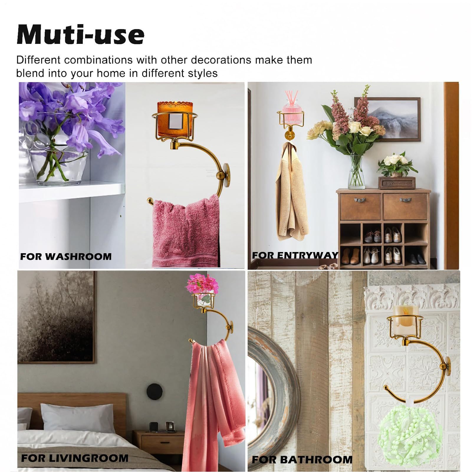 Toalla de Mano de Pared, Soporte de Toalla de Mano, Anillo de Gancho de Toalla de baño con Soporte de Velas, Estante Decorativo Elegante Creativo rústico para Amigos Hotel Hotel Kitchen Baith Centén