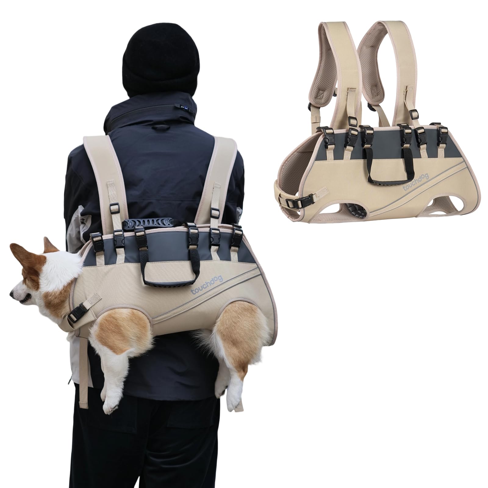 Dog Backpack Carrier for Large Dogs - Hands-Free Pet Travel Pack with 6-Point Safety System, Waterproof & Reflective Design for Motorcycle, Hiking, Surfing (Khaki, L)