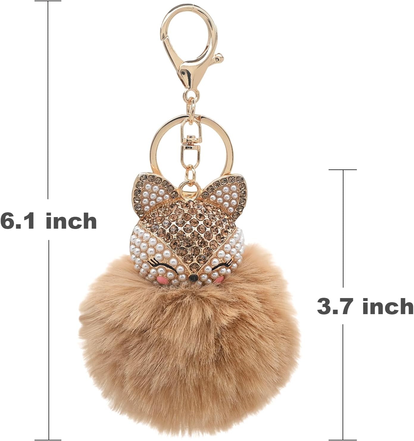 Fox Head Keychain with Faux Fur Pom-Pom, Bling Rhinestones and Simulated Pearl Inlaid Key Chain for Women Girls - Image 2