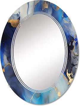 DesignQ Fractals wall mirror, Oval Modern mirror, Round Blue bathroom mirror, Fractals vanity mirror Luxury Blue and Gold Abstract Fluid Art VI printed mirror decor, oval mirror 20x30