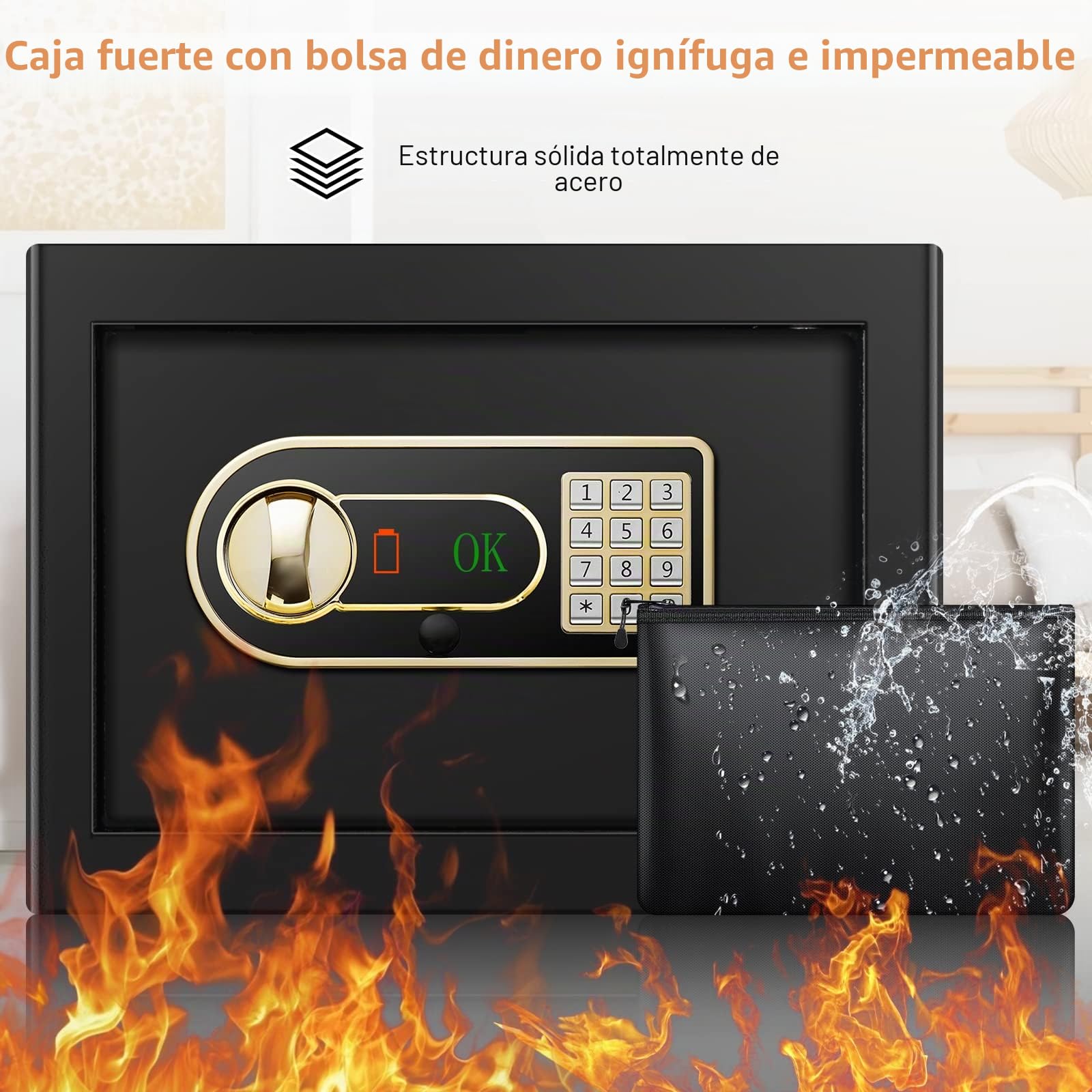 Mejasg Caja fuerte resistente al fuego con resistente al fuego, impermeable, 25 l, pequeña con estante extraíble y compartimento externo para pilas, caja fuerte de pared, caja fuerte para guardar