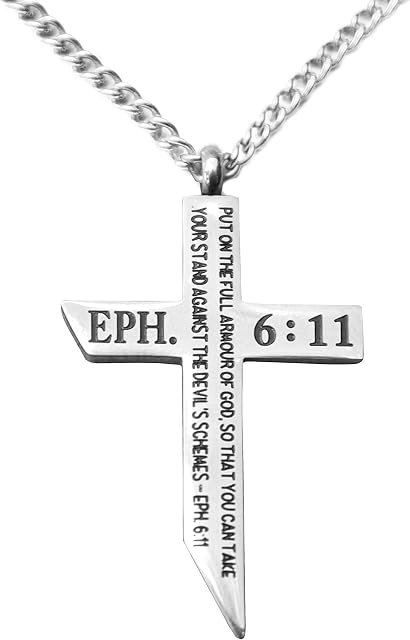epiphaneia Men's Stainless Steel Cross Necklace Armour of God Ephesians 6:11. Mens Jewellery Cross Necklaces Christian Religious Gifts Christians for Men - Dad Birthday Gift, Father's Day, Christmas