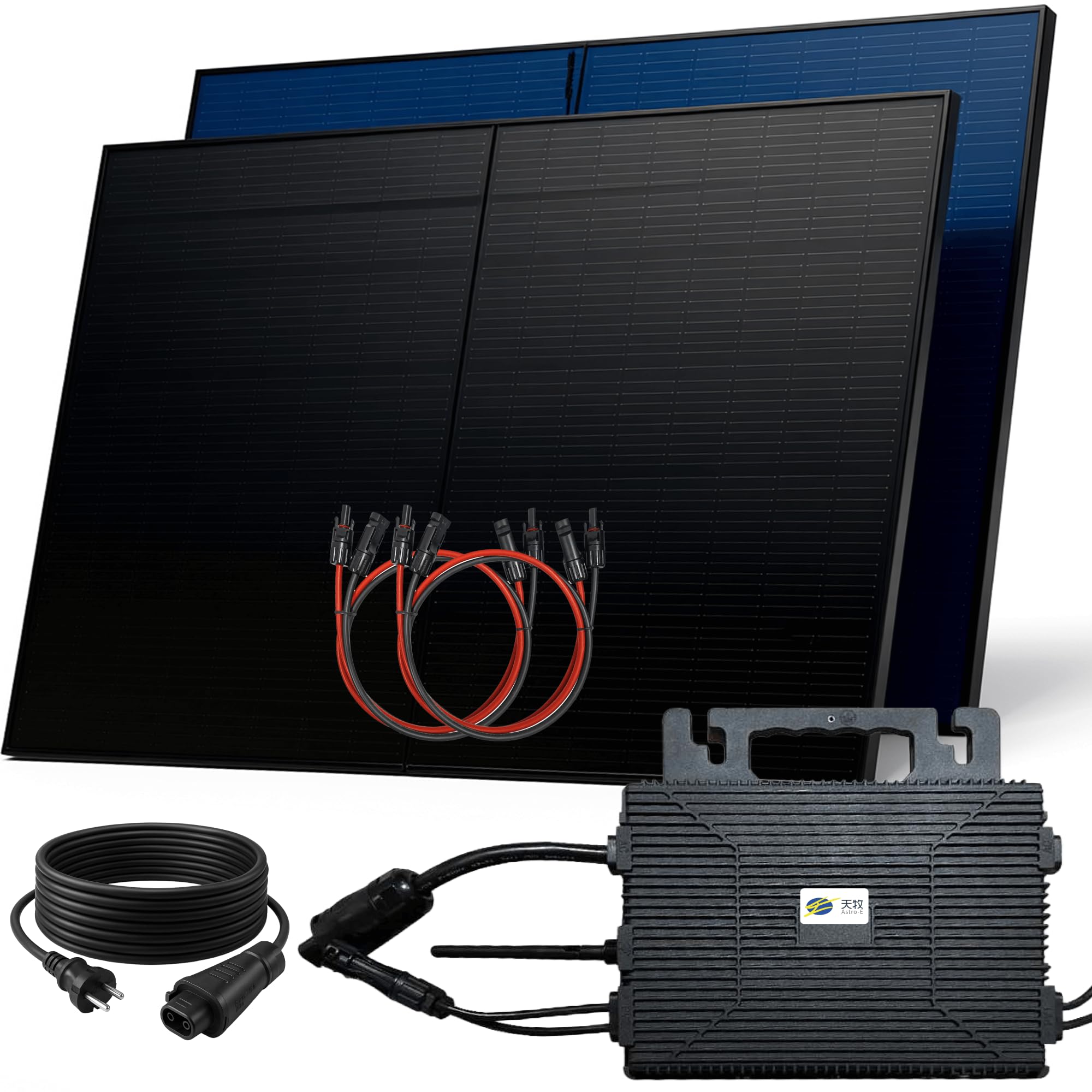 SUNNIVA 1000W Balkonkraftwerk BIFAZIAL FULLBLACK komplett Steckdose ASTRO-E 800W Wechselrichter, PV Solaranlage, 2x 500W Glas Solarmodule, inkl. 5m Kabel, Bluetooth WIFI, Komplettset