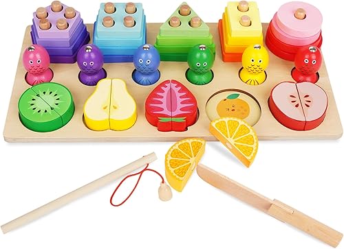 Agirlgle Juguetes Montessori 3 en 1 para clasificar y apilar formas de madera, juego de corte, juego de pesca, clasificador de formas de color,