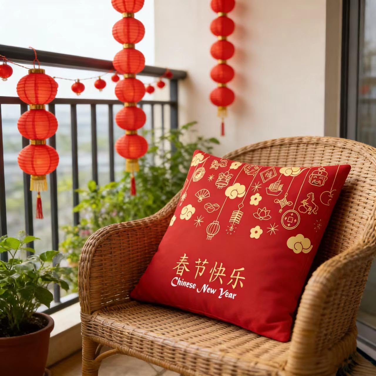 KYMY 2026 Chinese New Year Cushion Covers – Set of 4, 17.5 x 17.5 Inch Fu Character Lucky Prosperity Spring Festival Lunar New Year Polyester Throw Pillow Covers for Couch Sofa Home Decor