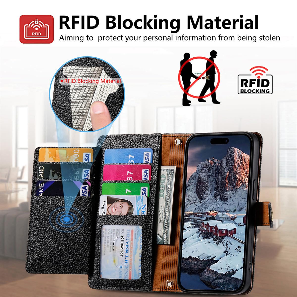 MOJIA Custodia Portafoglio In Pelle Rossa Per Xiaomi Redmi Note 14 Pro 5G / Poco X7 5G - Con Tracolla E Slot Carte RFID - 2