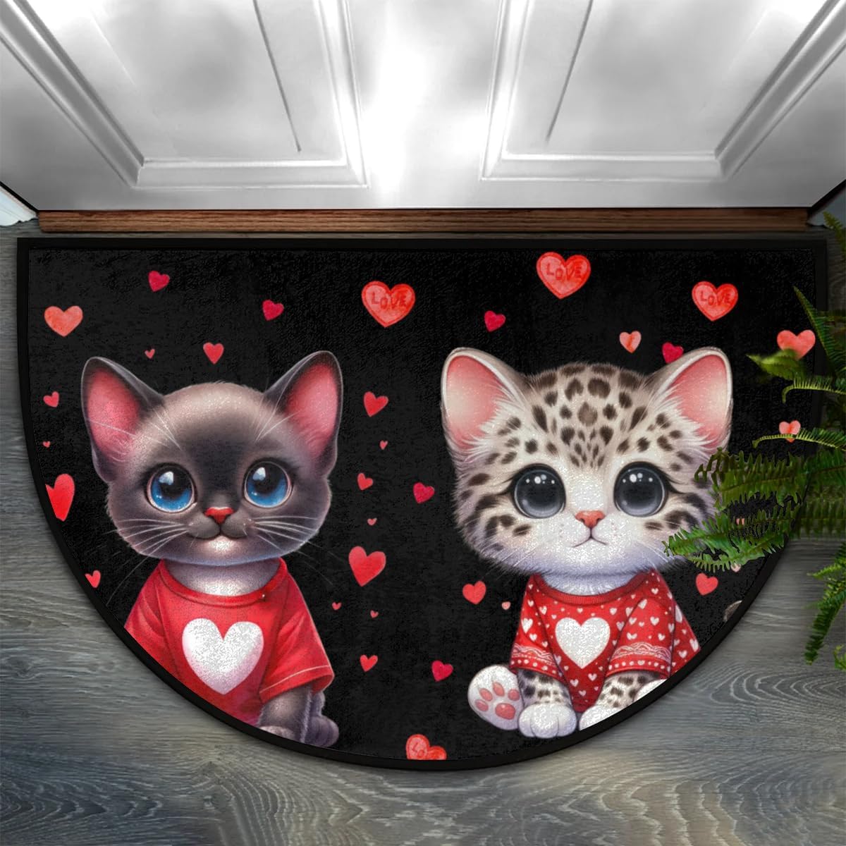 cfpolar Half Round Door Mat Valentine's Day Cat Non-Slip Semi Circle Area Rug Washable Semi Circle Floor Rug for Indoor Outdoor Living Room Bathroom Kitchen Patio Hearth Rugs Home Decoration