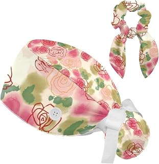 FVQL 2 Pieces Surgical Cap for Long Hair Scrub Cap with Hairband Nurse Cap, Leaf Rose Flower