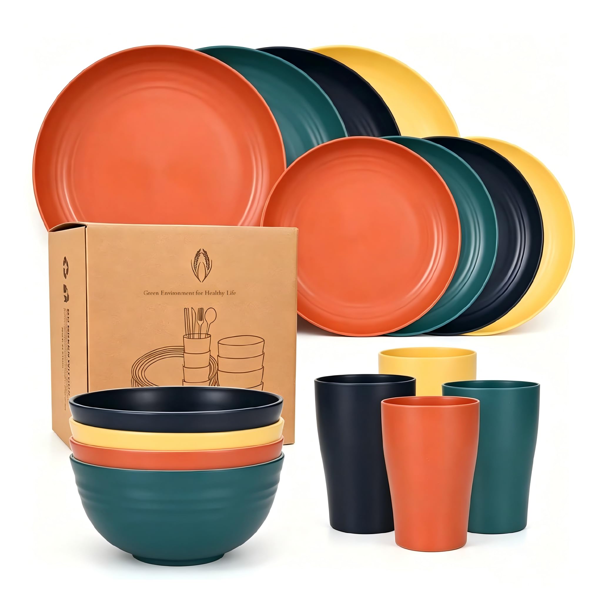 16 Pieces Plastic Plates Bowls Set, Reusable Dinnerware Service for 4