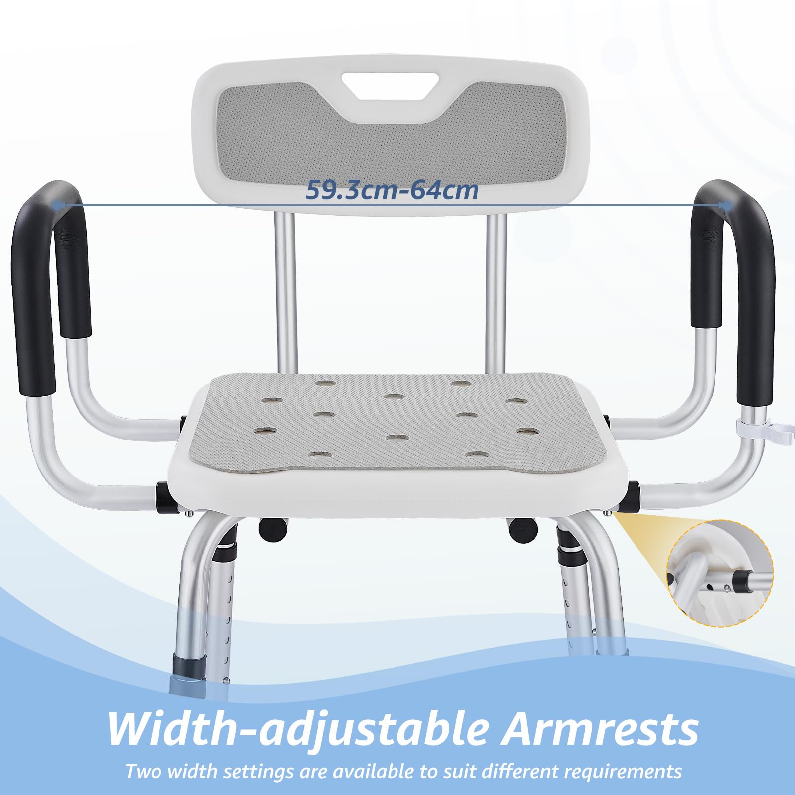 Silla de ducha para ancianos, taburete de ducha resistente con 2 ajustes de brazos extra anchos y respaldo, asiento de ducha bariátrico de seguridad antideslizante de 330 libras, altura
