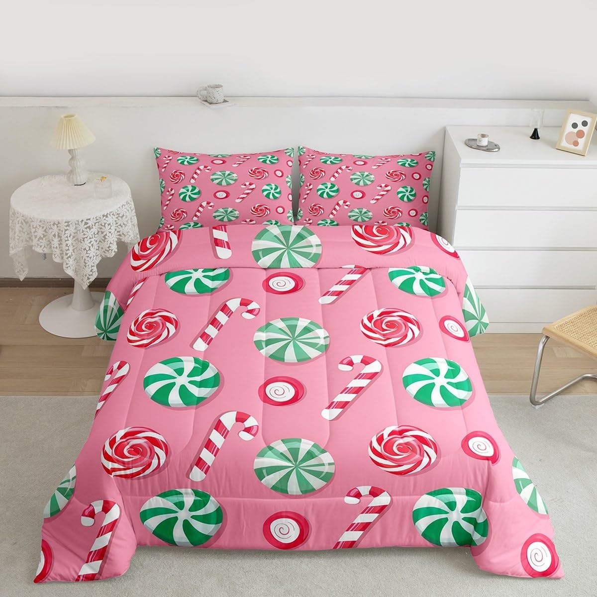 Feelyou Christmas Comforter Set Queen Size Candy Bedding Set for Kids Boys Girls Xmas Theme Duvet Quilt Bedroom Decor Microfiber 3 Pcs with 2 Pillow Cases