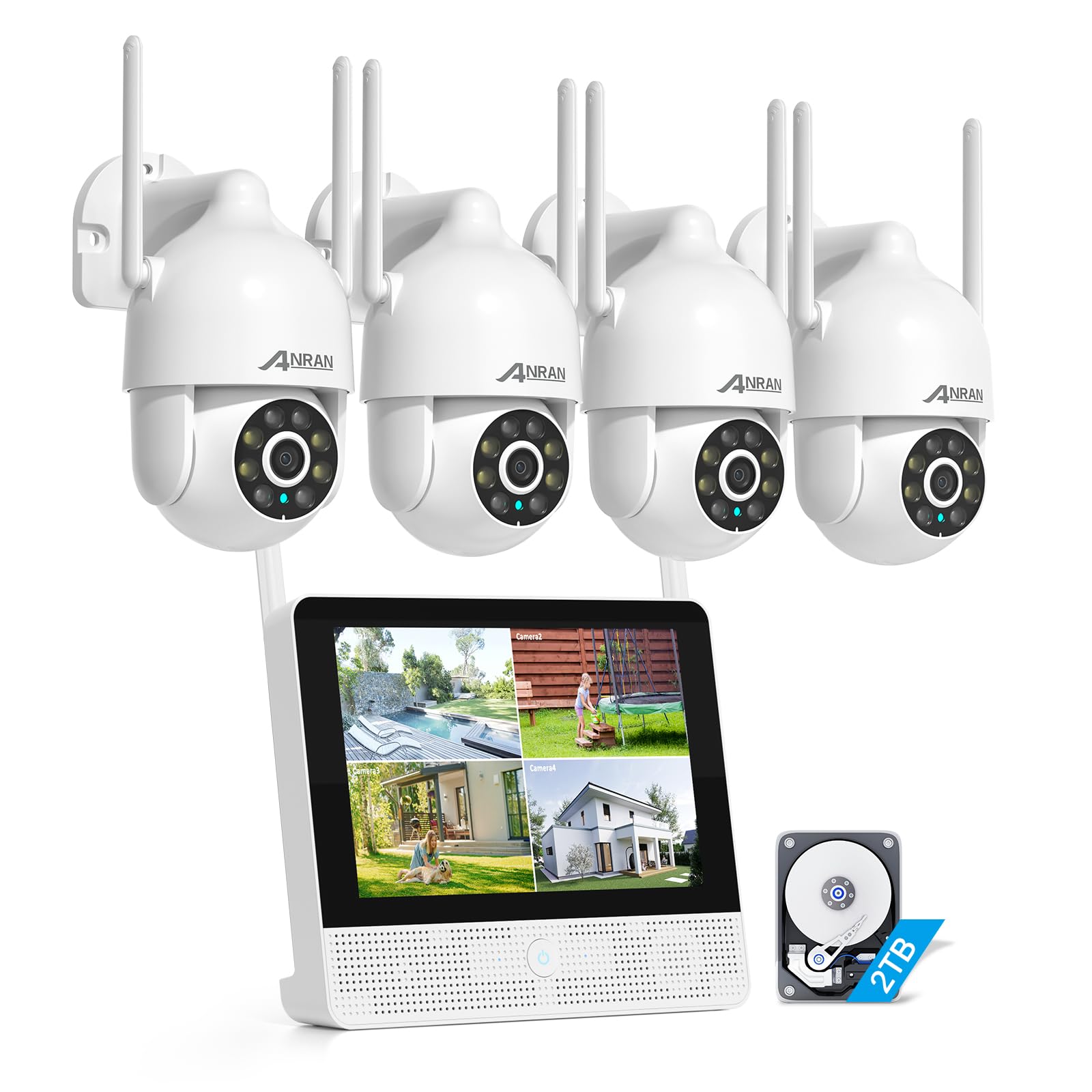 ANRAN 3K Überwachungskamera Aussen Set WLAN,8CH NVR mit 10,5" Monitor & 4X 5MP PTZ Aussenkameras,Auto-Tracking,KI-Erkennung (Person/Fahrzeug/Tier/Packeterkennung),24/7 Aufzeichnung,Ohne ABO