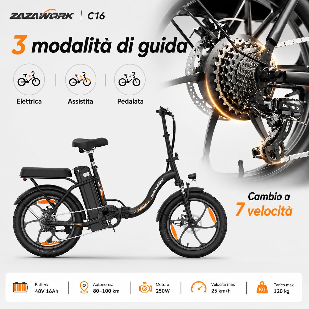 Bicicletta Elettrica Pieghevole 20x3.0, Motore 250W Coppia 47NM, Batteria 48V 16Ah, Velocità Max 25km/h, Autonomia 50-100KM, 7 Marce, Ammortizzatore a Molla e Freni a Disco Meccanici Urbana