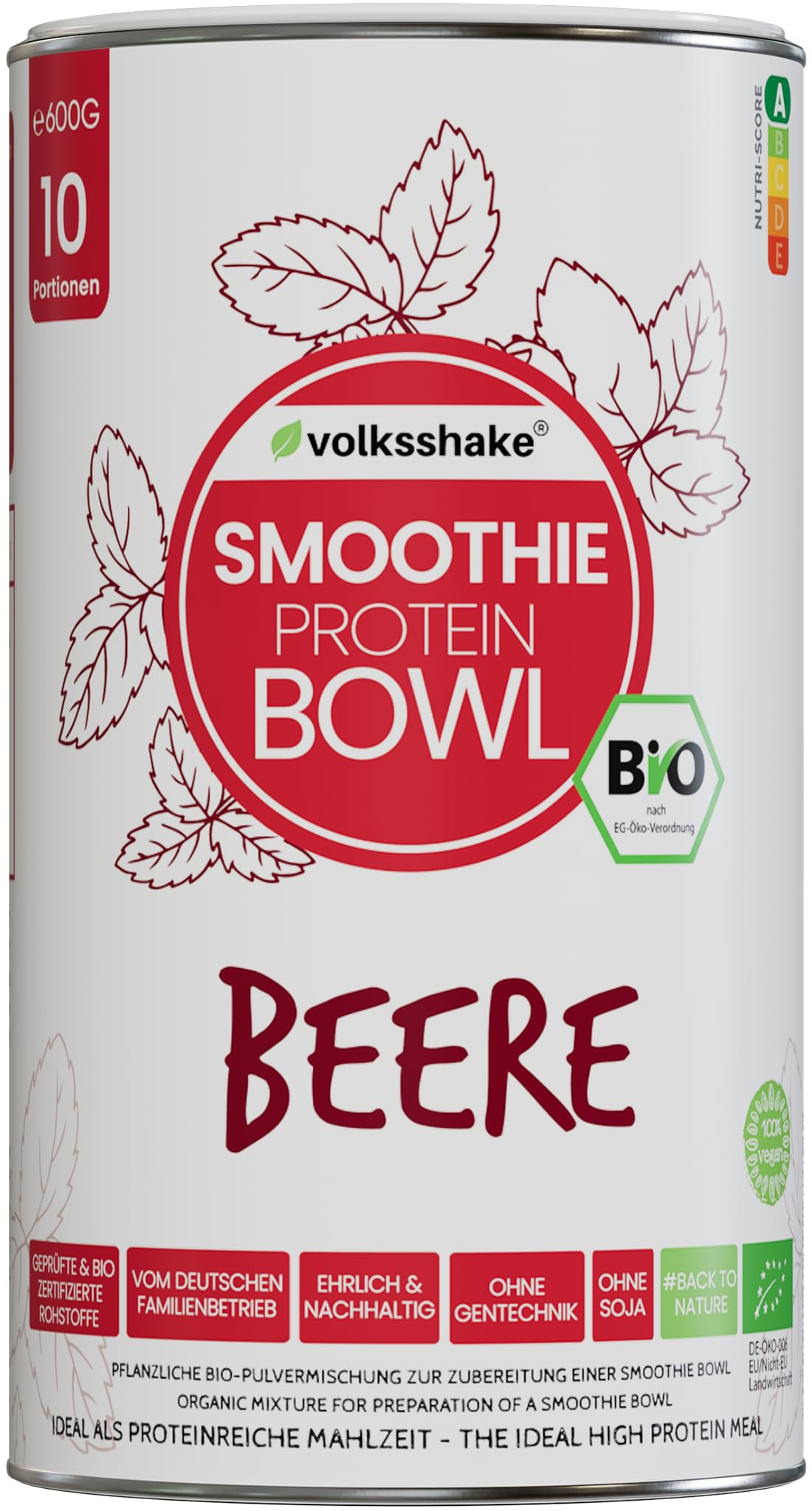 Bio Smoothie Protein Bowl Beere 600g | DE-ÖKO-006 | Ohne Süßungsmittel | Rein pflanzlich | Glutenfrei | Sojafrei | Vegan | Premiumqualität vom Bodensee | Made in Germany