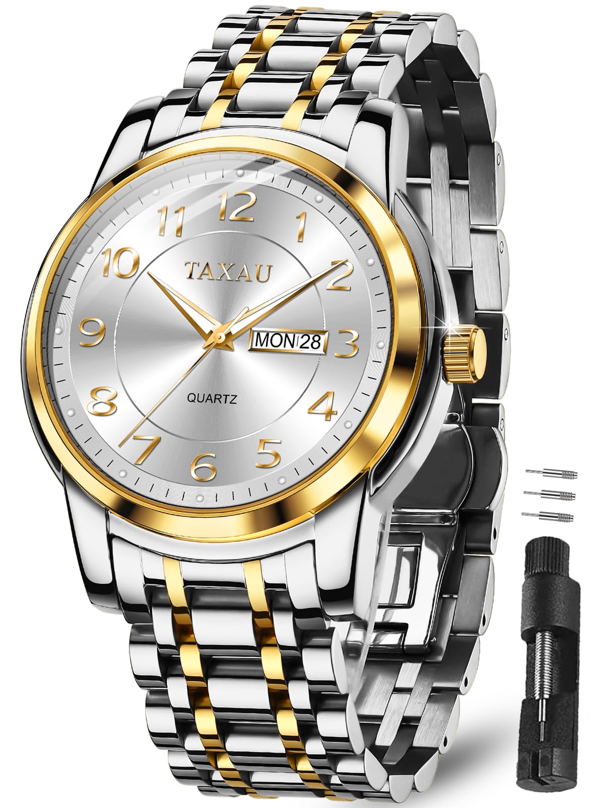 Taxau Uhr Herrenuhr Silber 3Bar Wasserdicht Luxus Analoguhr Quarz Armbanduhr Herren Edelstahl 41mm Großes Zifferblatt mit Datum Woche Klassisch Business Mode Männer Herren