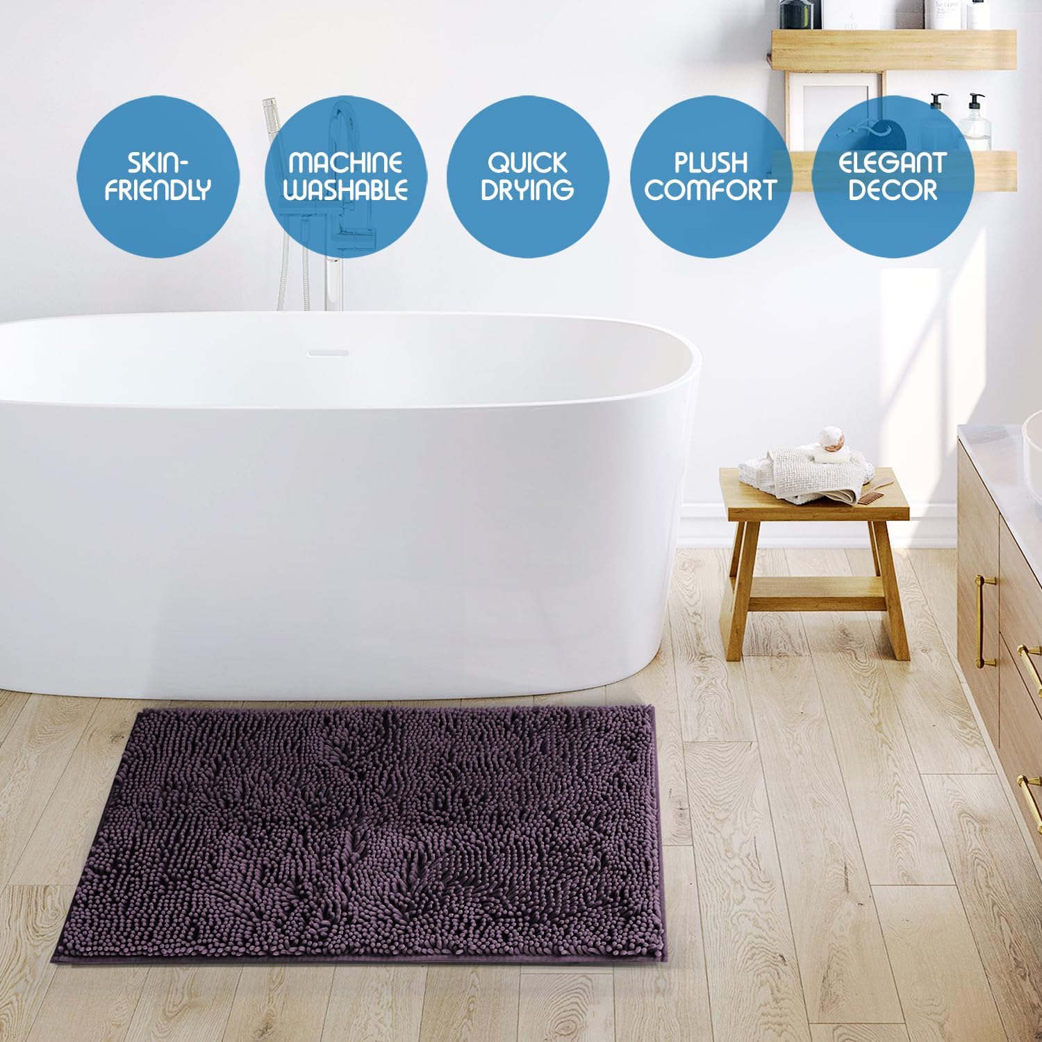 Nestl Bathroom Rugs, Chenille Bath Mat - Machine Washable Bath Mats for Bathroom Non-Slip Backing Rubber, Quick Dry Bathroom Mat - Purple Bath Rug, 20x32
