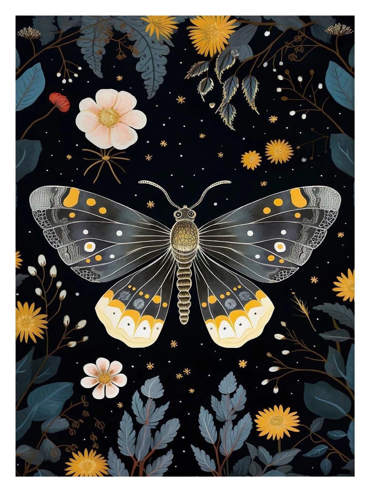 Xenite L Wal Art Canvas Prints Boho Flora Dark Academia Blue Moth Black Butterfly Poster Prints Canvas Painting Botanica Wal Art Pictures Home Decoration(,50X70cm)