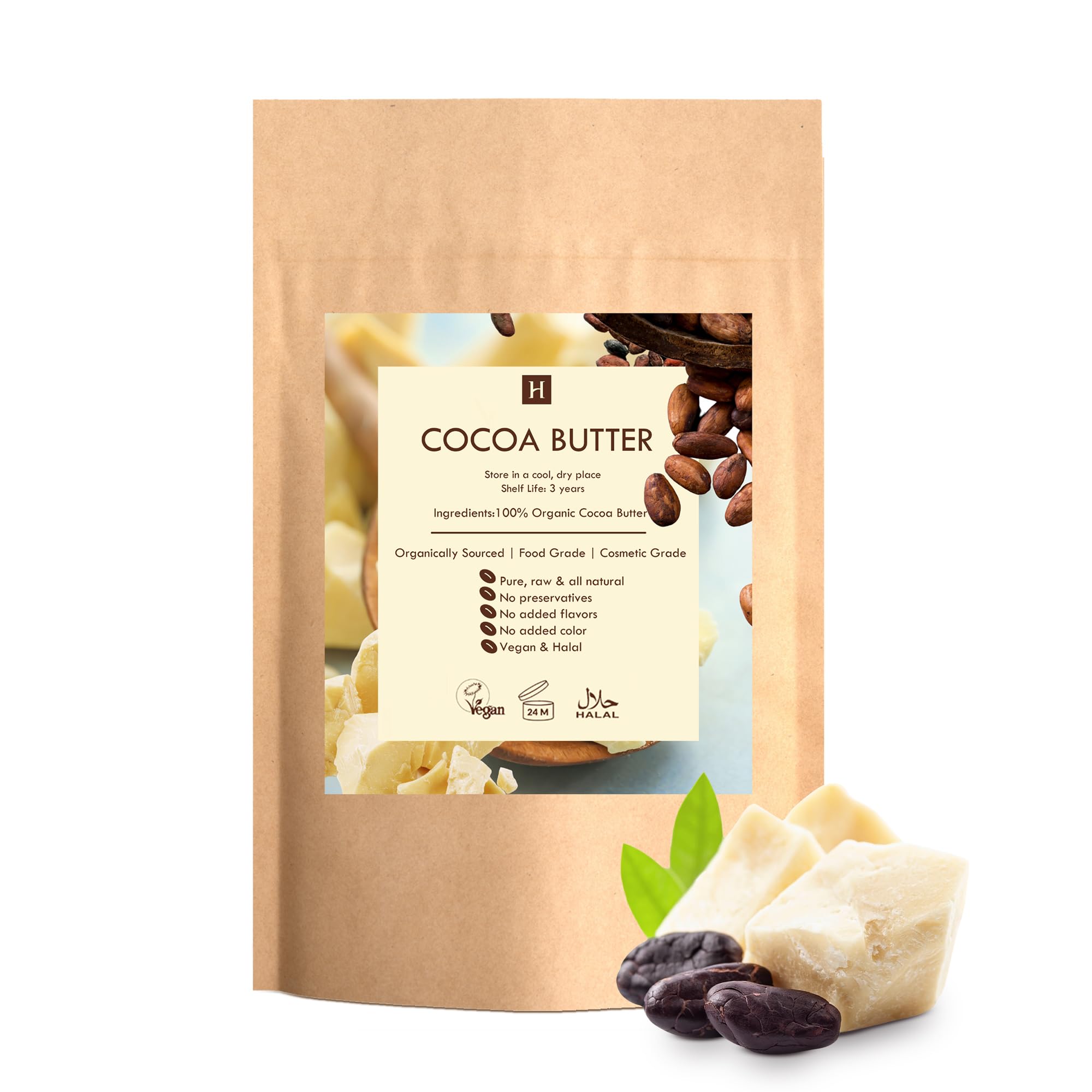 HalalEveryDay Raw Cocoa Butter 5 lb – Food Grade & Cosmetic Grade, Unrefined Organic Cocoa Butter Chunks for Baking, Lotion, Body Butter, Lip Balm &