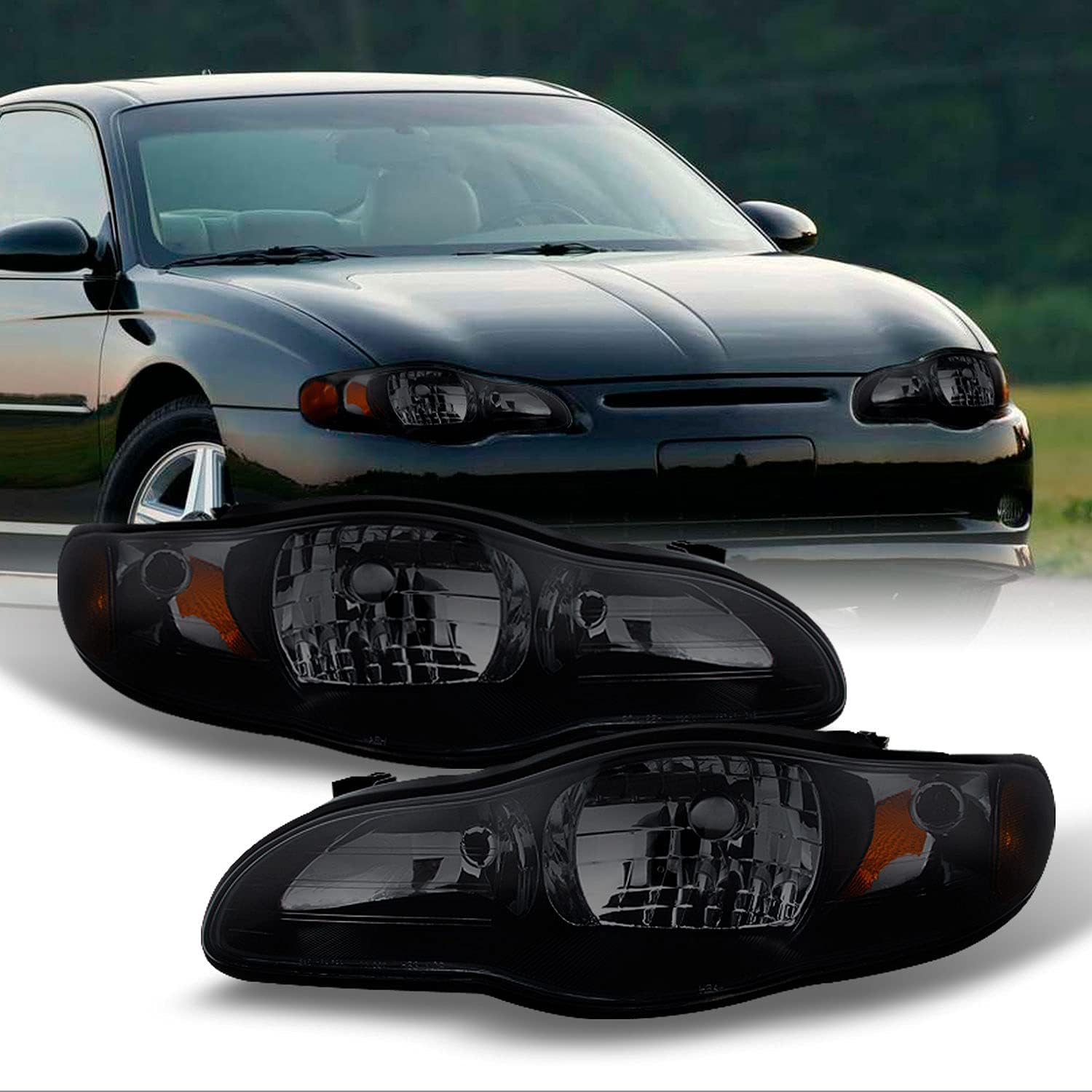 AKKON - For Chevy Monte Carlo Sport Coupe Black Smoke Headlight Front Lamp Replacement Left + Right Pair